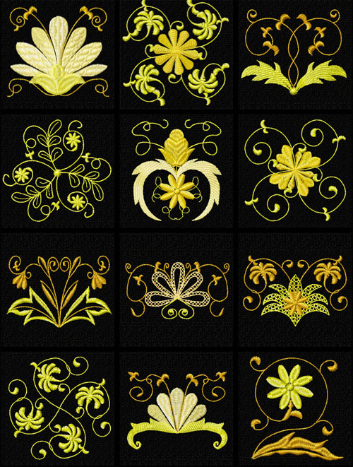 Gold Flowers Ornaments Machine Embroidery Designs set 4x4