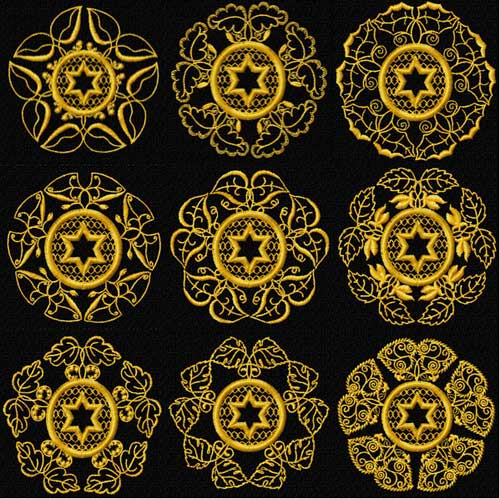 Gold Stars of David 9 Quilt Blocks Machine Embroidery Designs 4x4