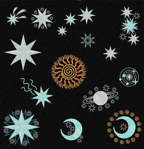 Space (Stars, Moon and Sun) Embroidery Designs set